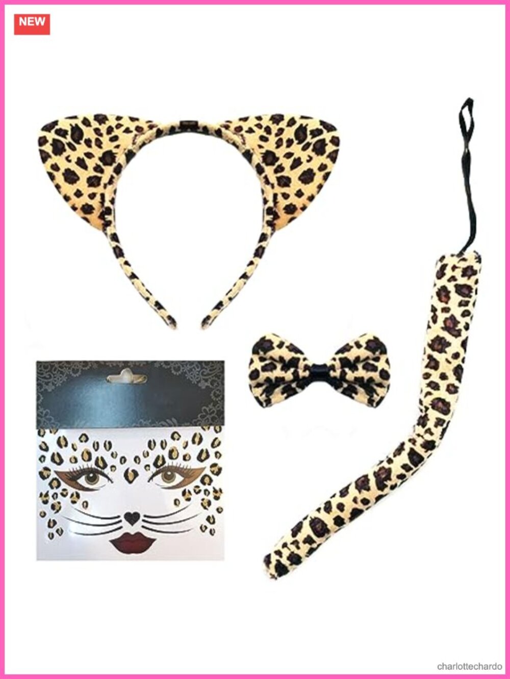 Leopard Cat Ears Headband Bow Tie Tail Face Stickers 4 Pc Costume Set